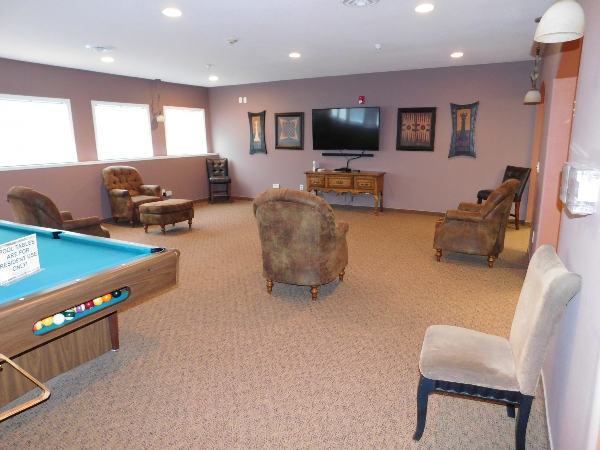 A spacious game room featuring a pool table, several armchairs, and a large television.