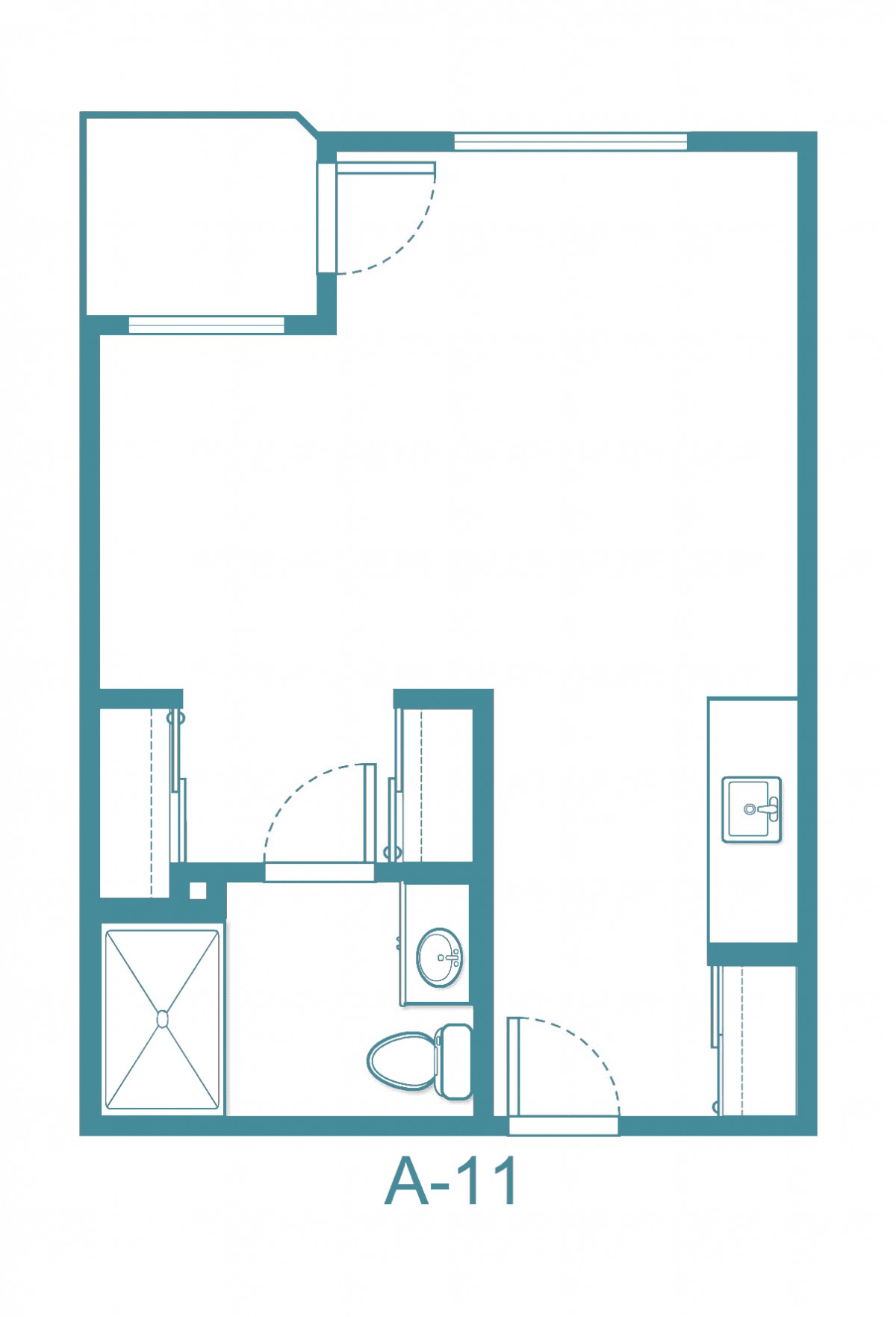 A simple floor plan of a small apartment, showing the layout of rooms including a bathroom and kitchen.