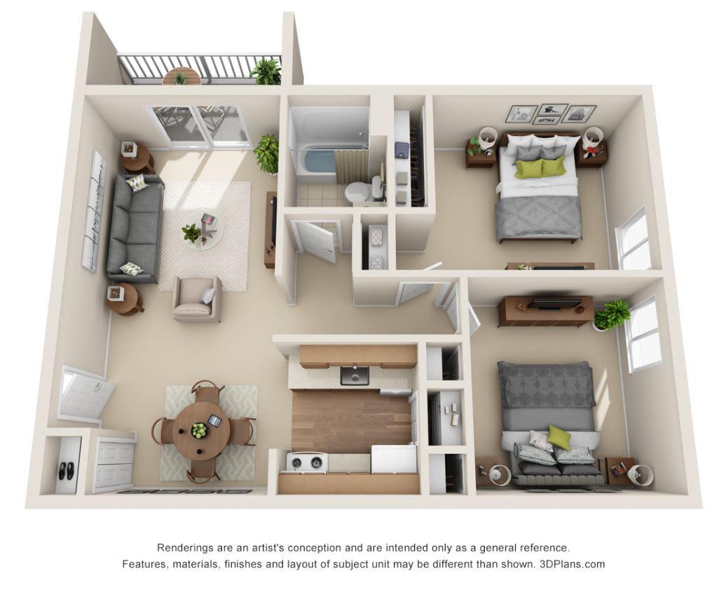 A detailed floor plan of a two-bedroom apartment featuring a living room, kitchen, and bathroom.