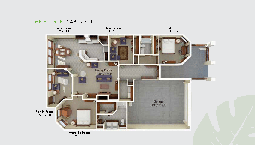 3D floor plan of a 2-bedroom apartment, showcasing room layout and furniture arrangement.