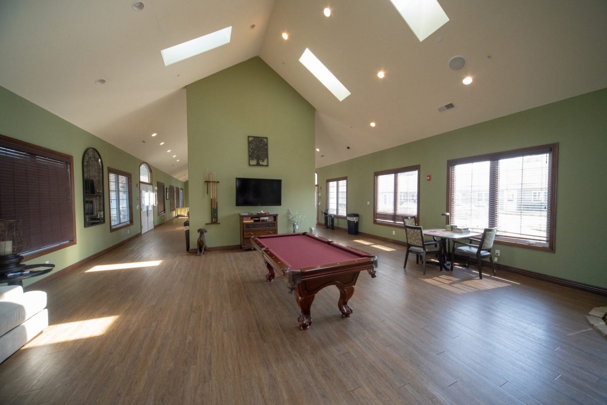 Spacious game room with a pool table and skylights.