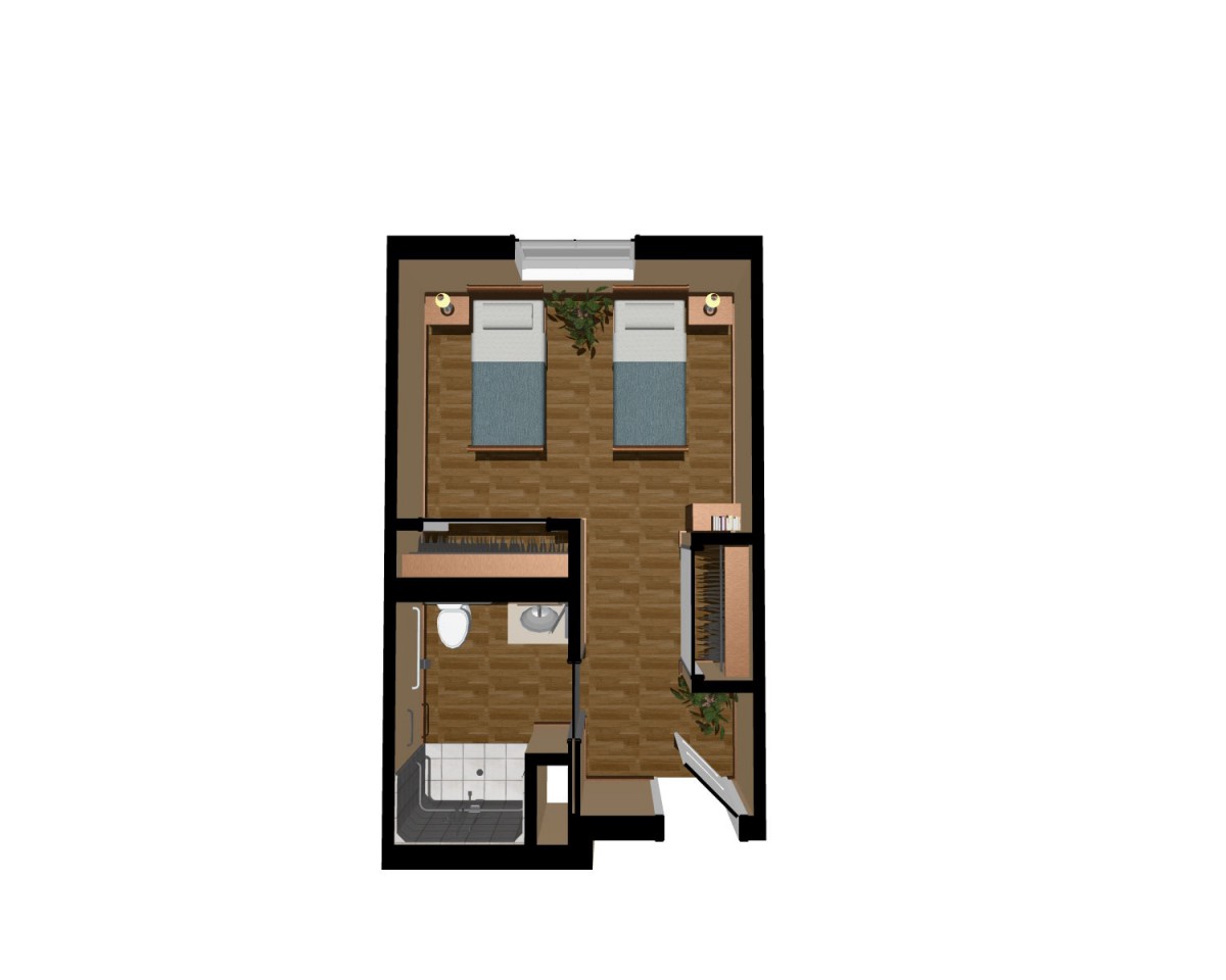 A compact apartment floor plan featuring a bedroom, bathroom, and living area.