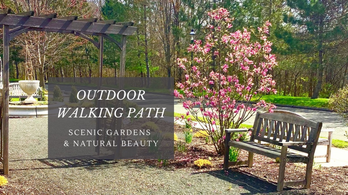 A scenic outdoor walking path surrounded by gardens and natural beauty.