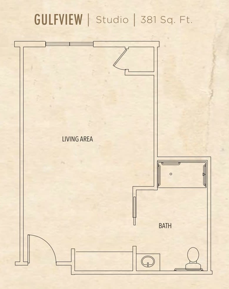 A simple floor plan showing a living area and a bathroom.