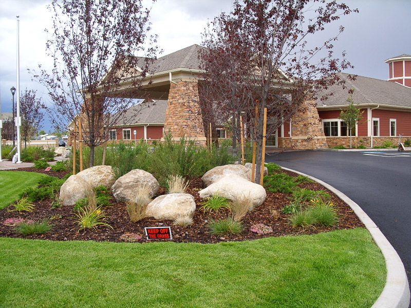 A beautifully landscaped building entrance with boulders, greenery, and stone architecture.