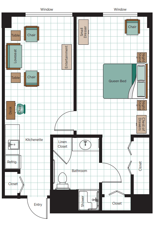 A detailed floor plan of an apartment showing room layouts and furniture placement.
