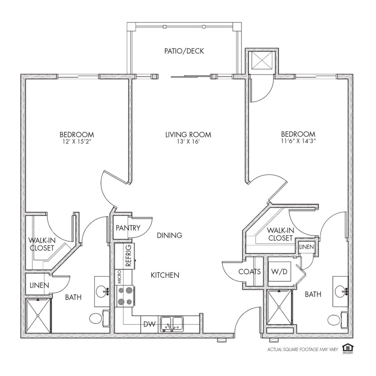A floor plan showing a two-bedroom apartment layout with living room, kitchen, and bathroom.