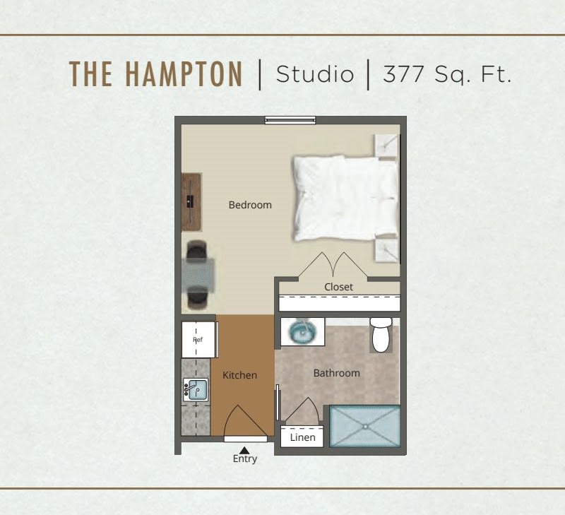 The Hampton studio apartment floor plan measuring 377 square feet.
