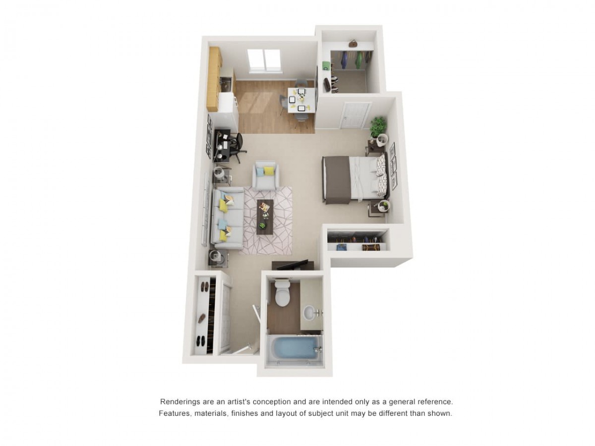 A 3D rendered floor plan of a one-bedroom apartment layout.