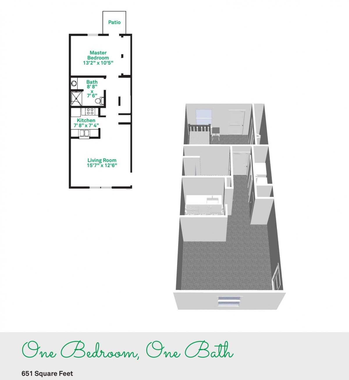 A one-bedroom, one-bathroom apartment layout featuring a detailed floor plan and 3D model.