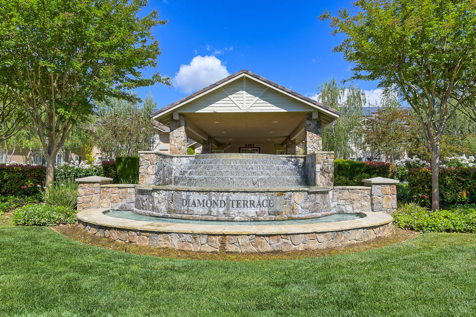 A stone amphitheater set in a park surrounded by green trees and grass under a blue sky.