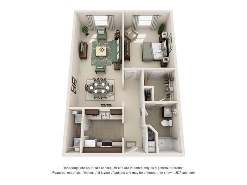 3D floor plan of a two-bedroom apartment with kitchen, living room, dining area, bathroom, and bedrooms.
