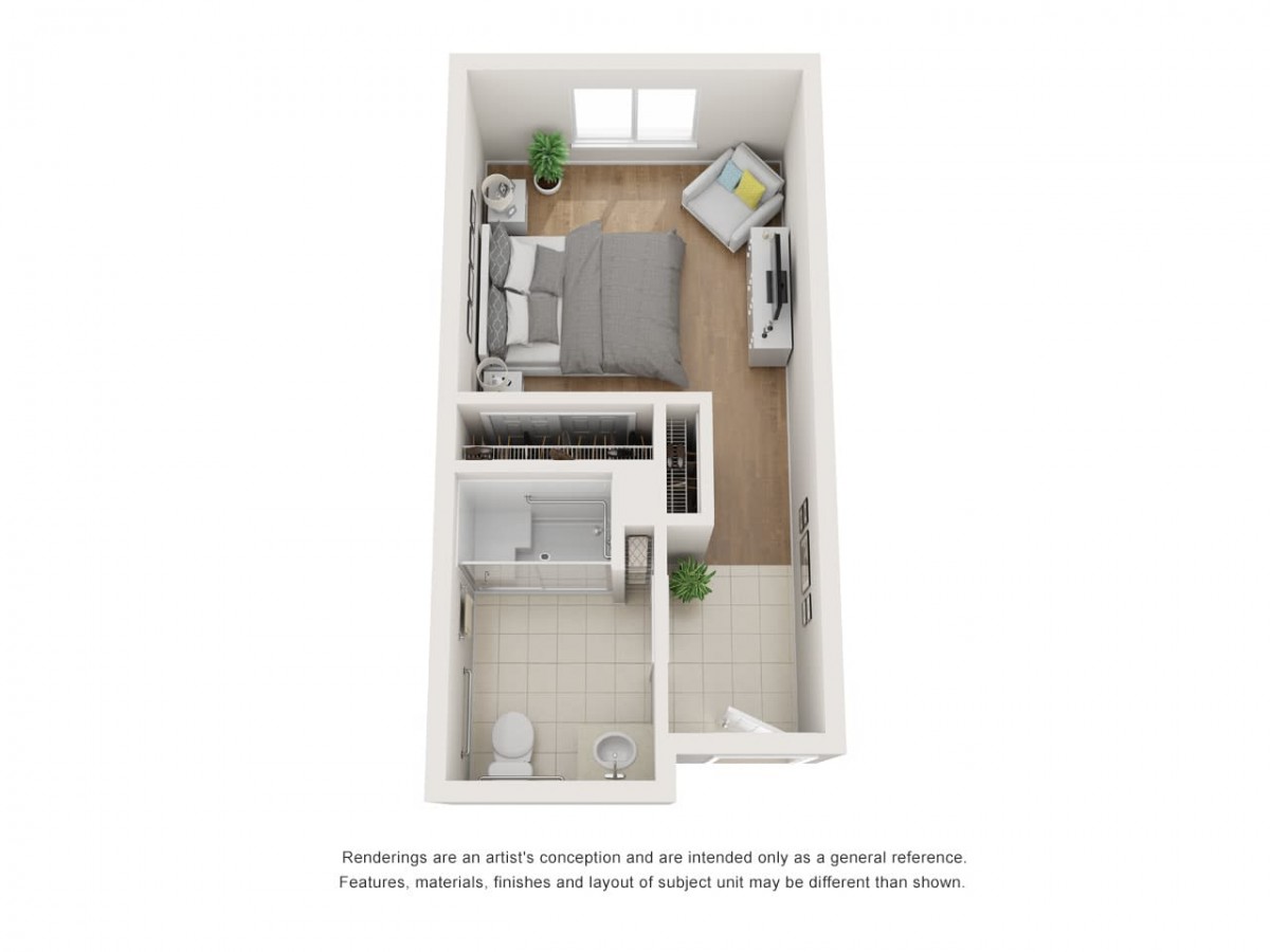 A 3D rendering of a compact one-bedroom apartment layout, featuring a bedroom, bathroom, and open living area.