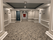 A well-lit hallway with patterned carpet and multiple doors.