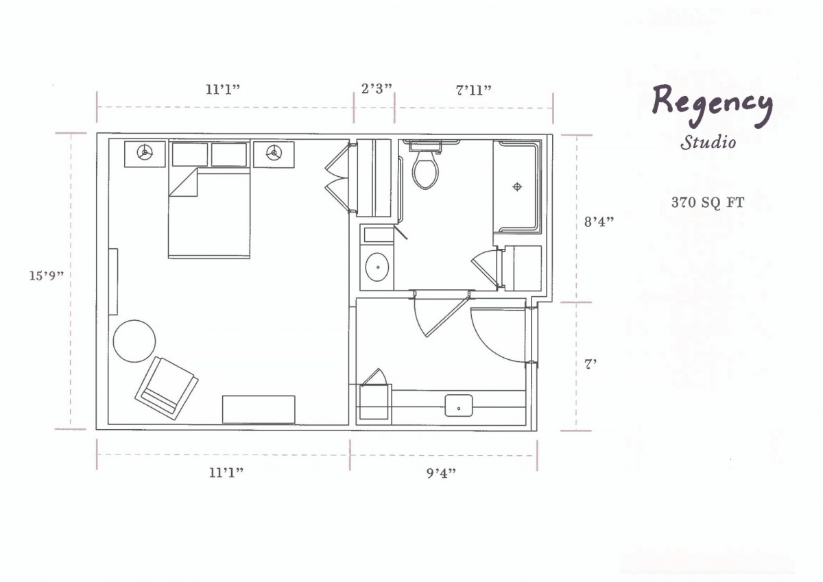 A detailed floor plan of a room featuring a bed, desk, and bathroom area.