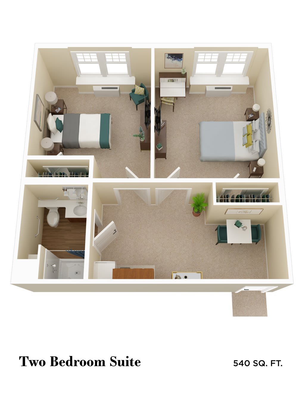 A 2D floor plan showing a two-bedroom apartment with a shared bathroom and living area.