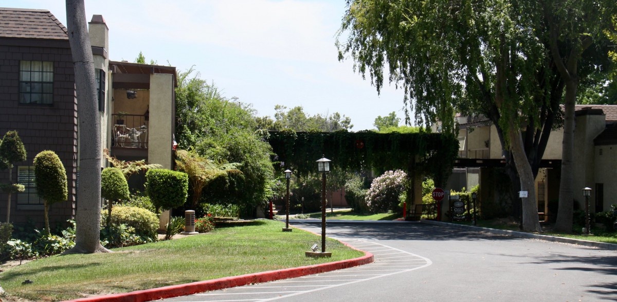 A scenic outdoor area with well-maintained landscaping and a winding road.