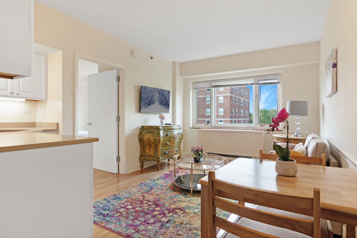 A bright and cozy living room in an apartment with wooden flooring, a colorful rug, and a large window offering city views.