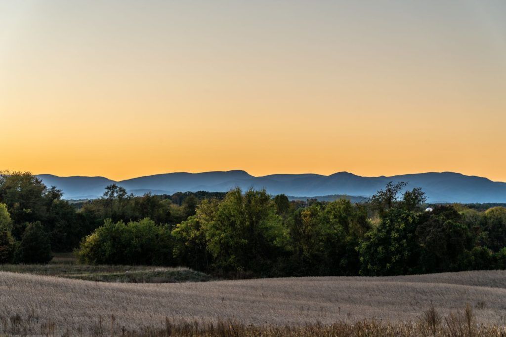 A serene landscape at sunset with distant mountains and lush green trees.