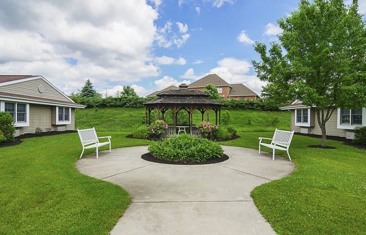 A serene garden with a gazebo and benches surrounded by lush greenery.