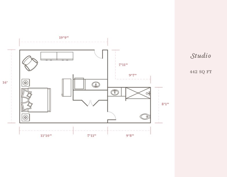Studio apartment floor plan with detailed layout.