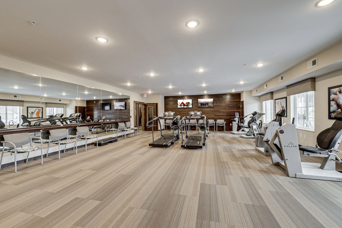 A modern gym with various exercise equipment and treadmills.