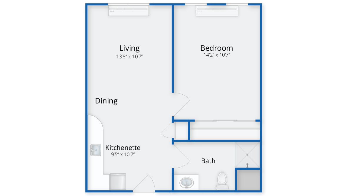 A floor plan of a one-bedroom apartment featuring living, dining, kitchenette, and bathroom areas.