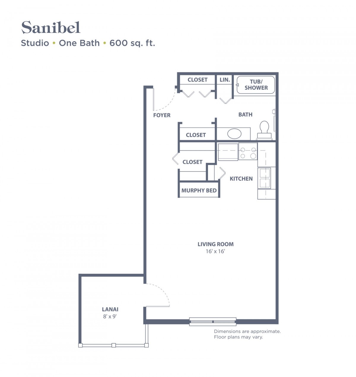 Floor plan of a studio apartment with one bath, measuring 600 sq. ft.