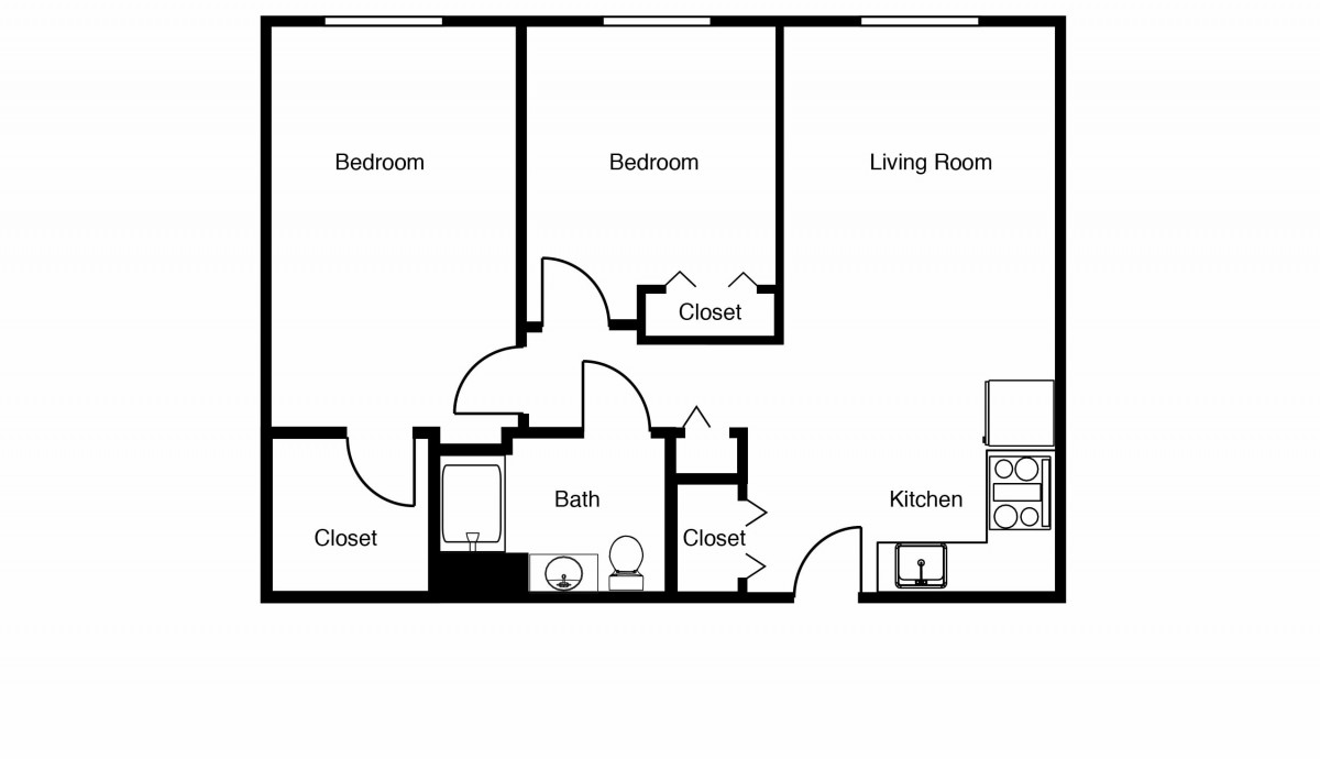 A floor plan of a two-bedroom apartment featuring a living room, kitchen, closets, and a bathroom.