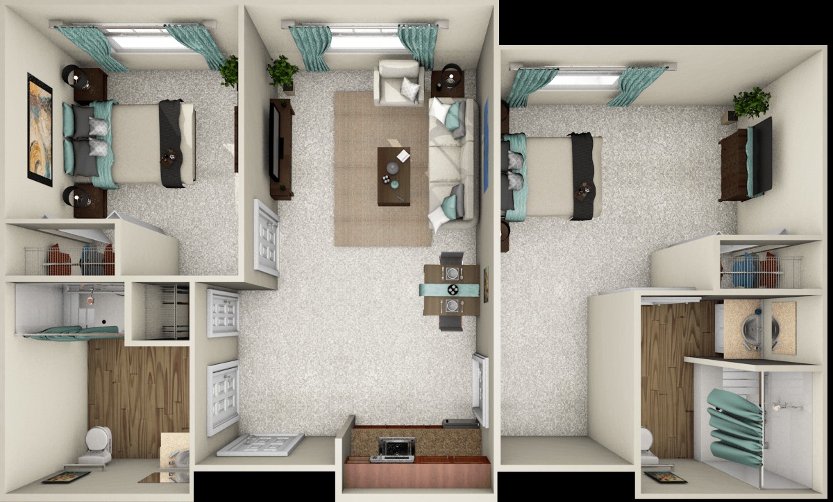 A detailed floor plan of a modern apartment with living room, kitchen, and bedroom areas.