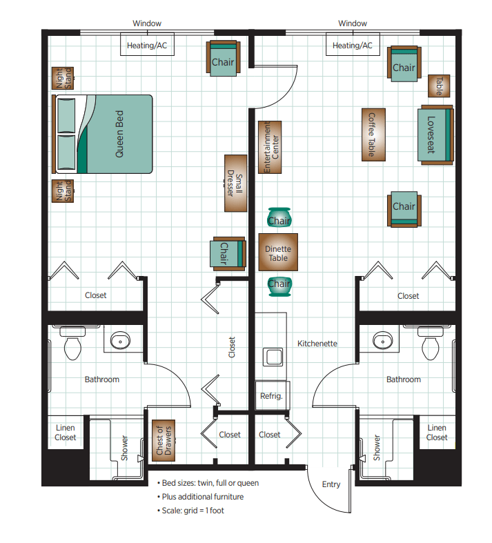 A layout of a two-bedroom apartment with separate bathrooms and shared living area.