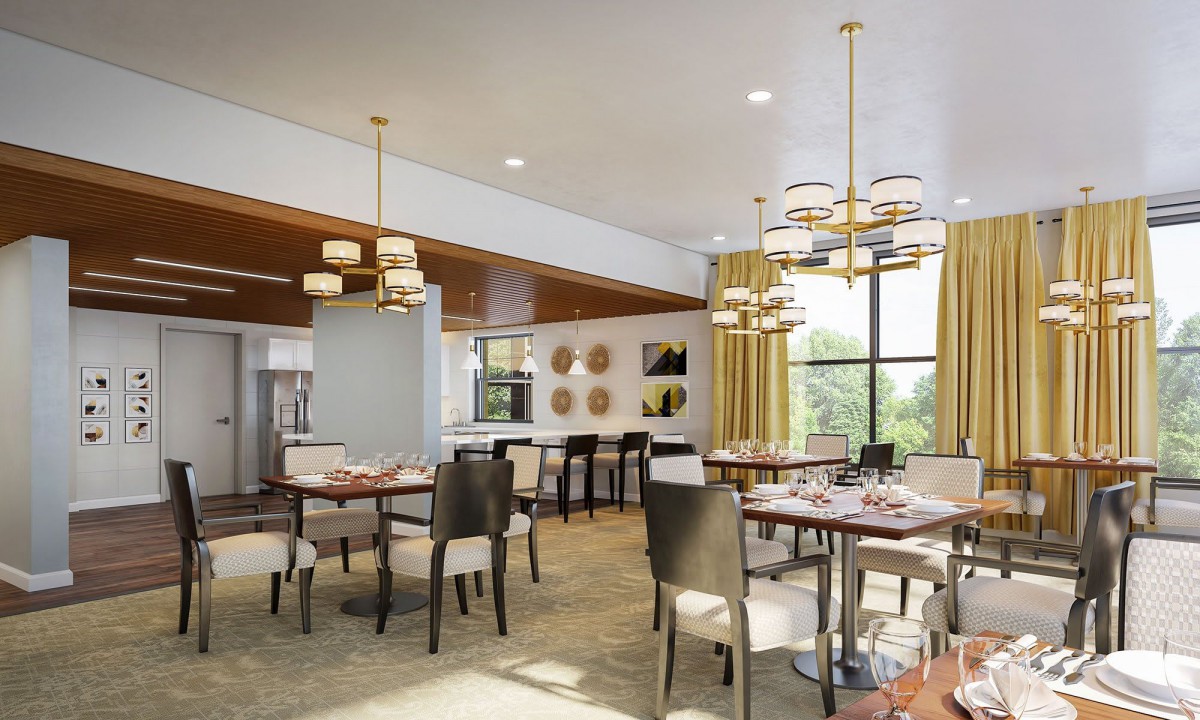 A modern restaurant interior with elegant dining tables, chairs, and stylish lighting.