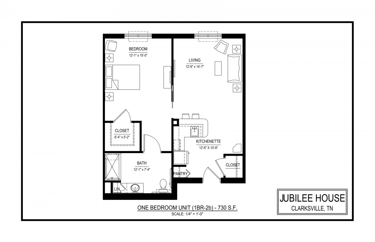 One-bedroom apartment floor plan layout.