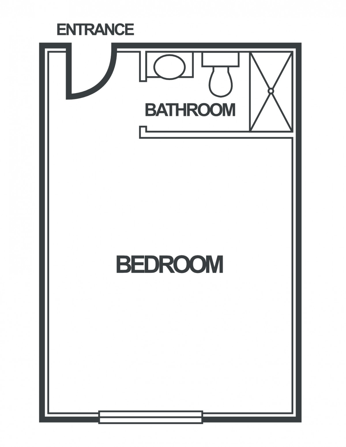 A simple floor plan layout showing a bedroom with an attached bathroom.