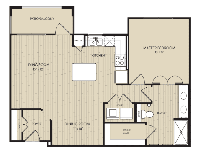 A detailed floor plan of a two-bedroom apartment, showcasing the kitchen, dining room, living room, and bathroom.