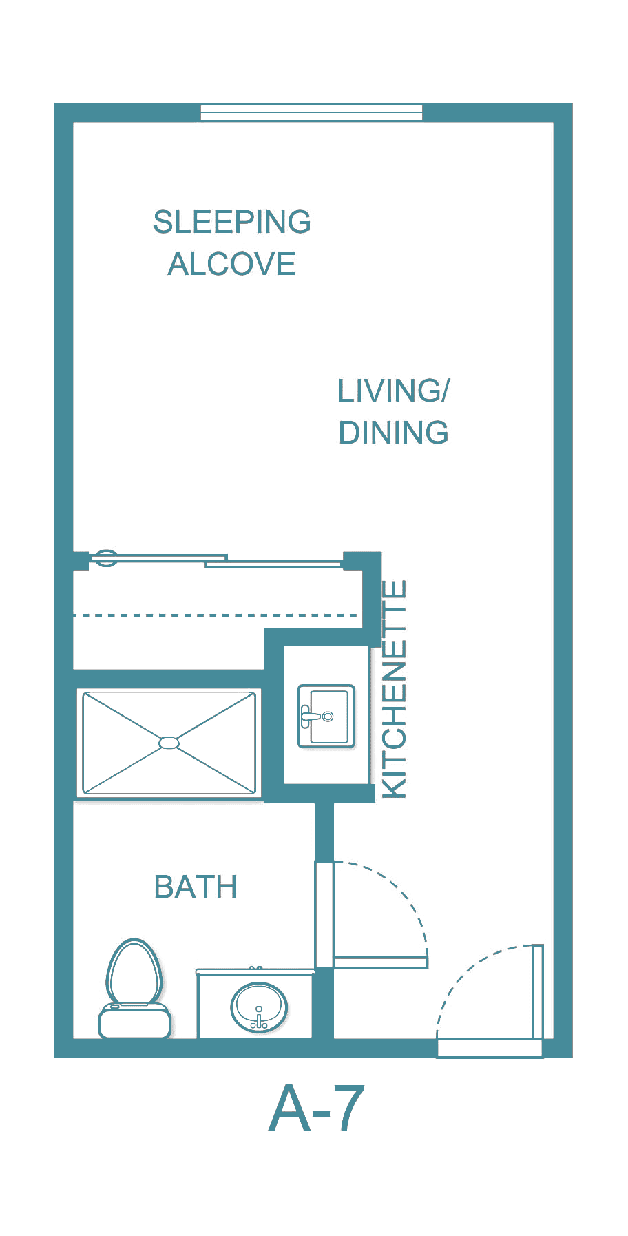 A floor plan of a compact studio apartment featuring a living/dining area, kitchenette, and bathroom.