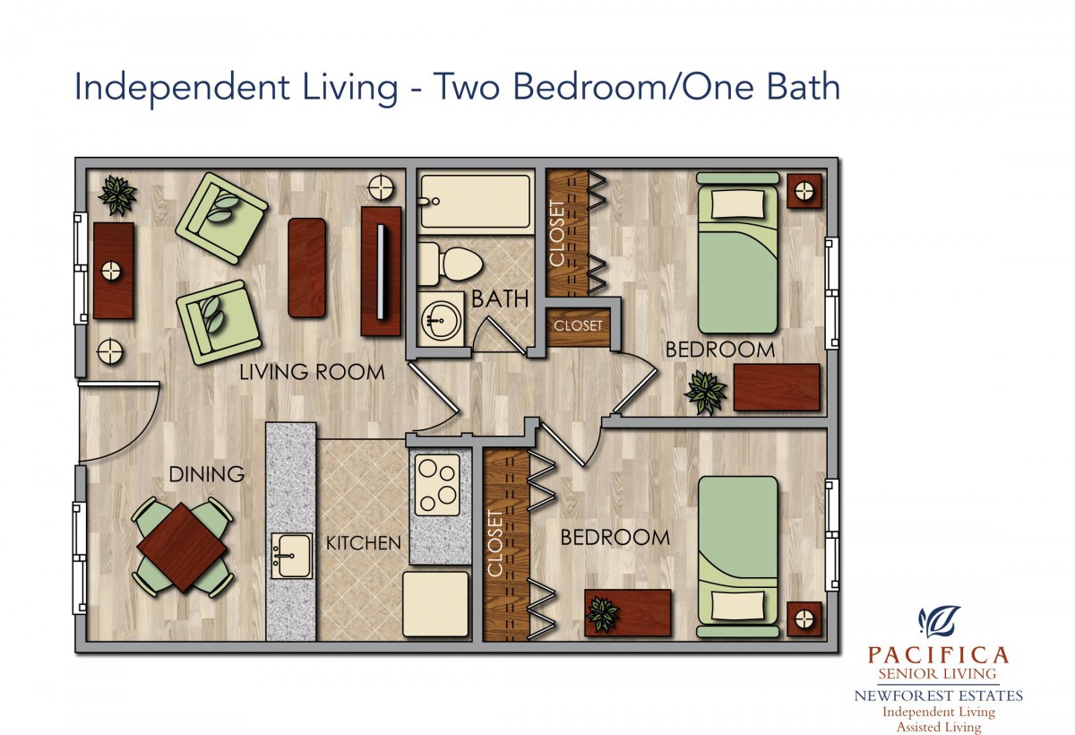 Floor plan of a two-bedroom, one-bathroom independent living apartment.