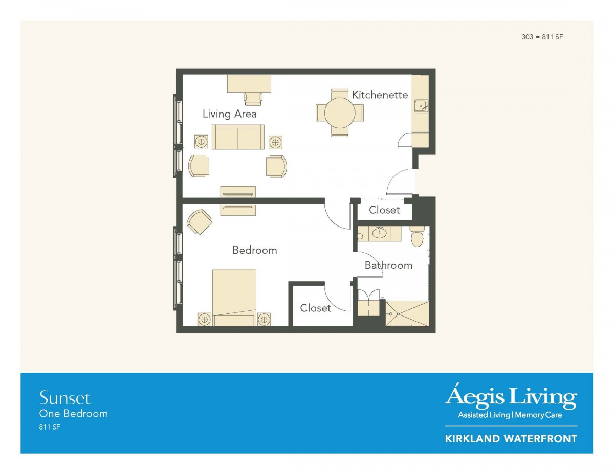 Floor plan of a one-bedroom apartment with living area and bathroom.