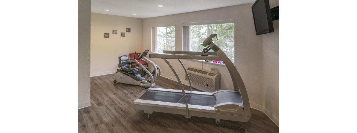 A home gym equipped with a treadmill and an elliptical machine in a bright, airy room.