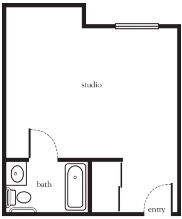 A floor plan for a studio apartment, including a bathroom.