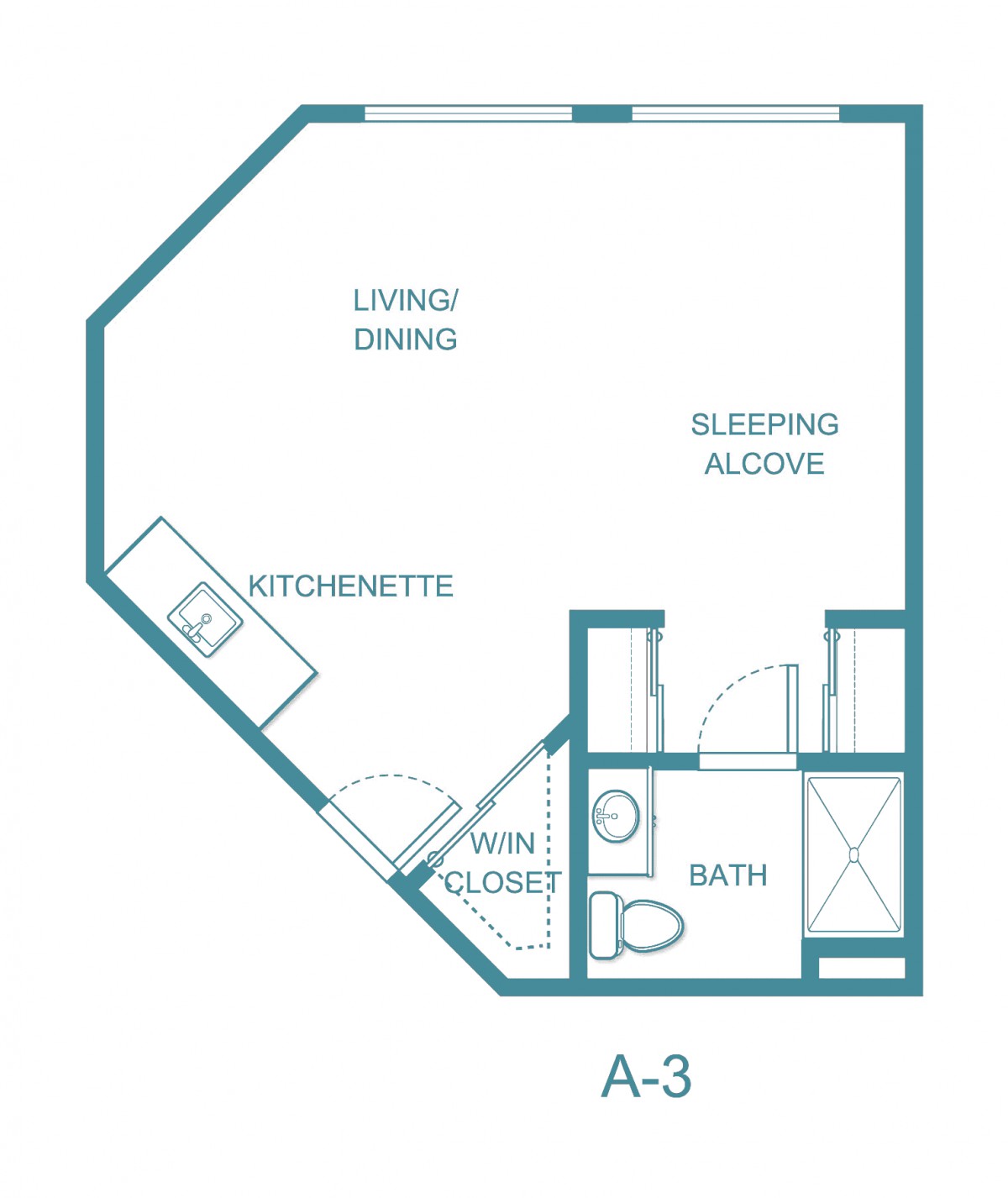 A floor plan of a studio apartment featuring a kitchenette, living/dining area, sleeping alcove, bathroom, and main closet.