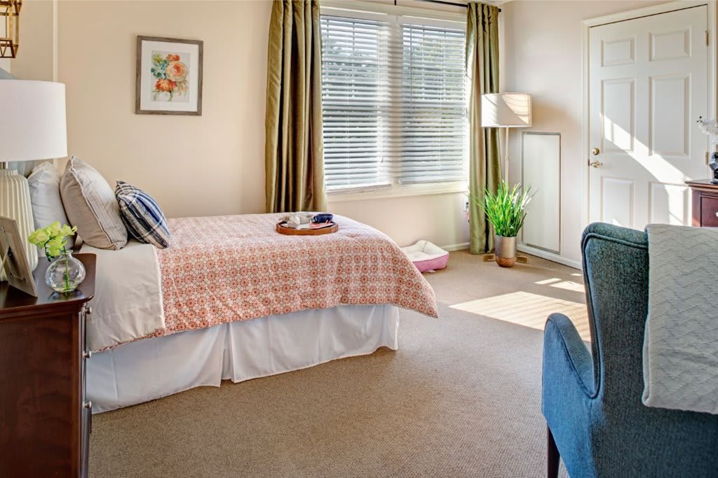 A cozy bedroom with natural light streaming through a large window, featuring a neatly made bed and tasteful decor.