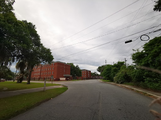 A peaceful urban scene featuring a winding road lined with trees and brick buildings under a cloudy sky.