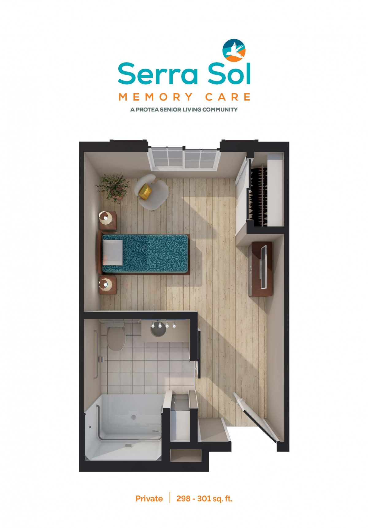 A bird's-eye view of a compact memory care room floor plan featuring a bed, nightstand, and an attached bathroom.