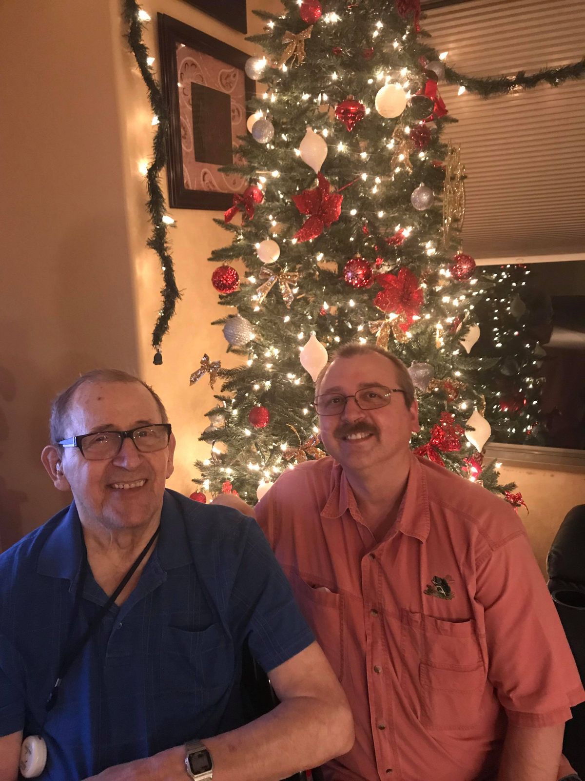 Two people smiling in front of a decorated Christmas tree.