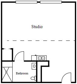 A floor plan of a studio apartment featuring a bathroom and kitchen area.