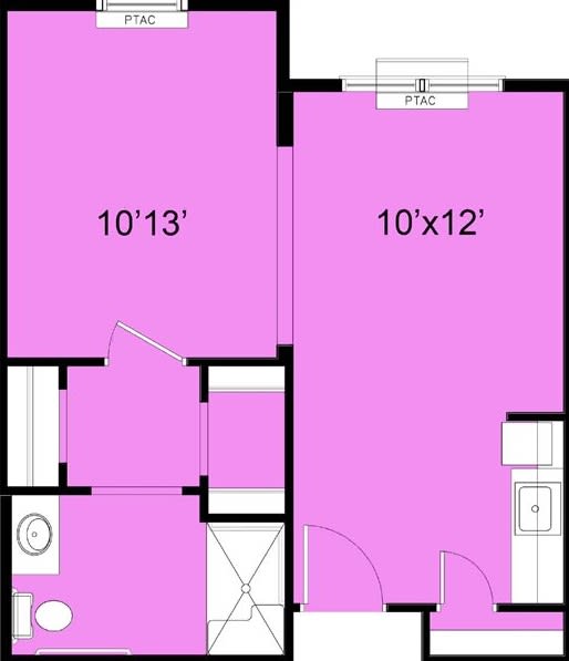 A simple two-room floor plan with dimensions labeled as 10'x13' and 10'x12'.