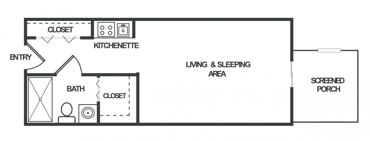 Studio apartment floor plan with a living and sleeping area, kitchenette, and closet.