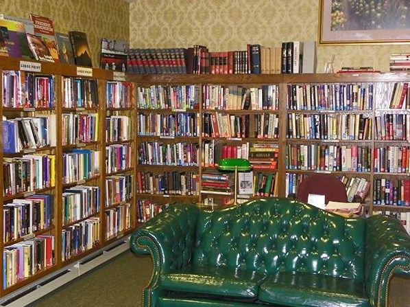 A cozy library corner with a green leather couch and rows of books on wooden shelves.