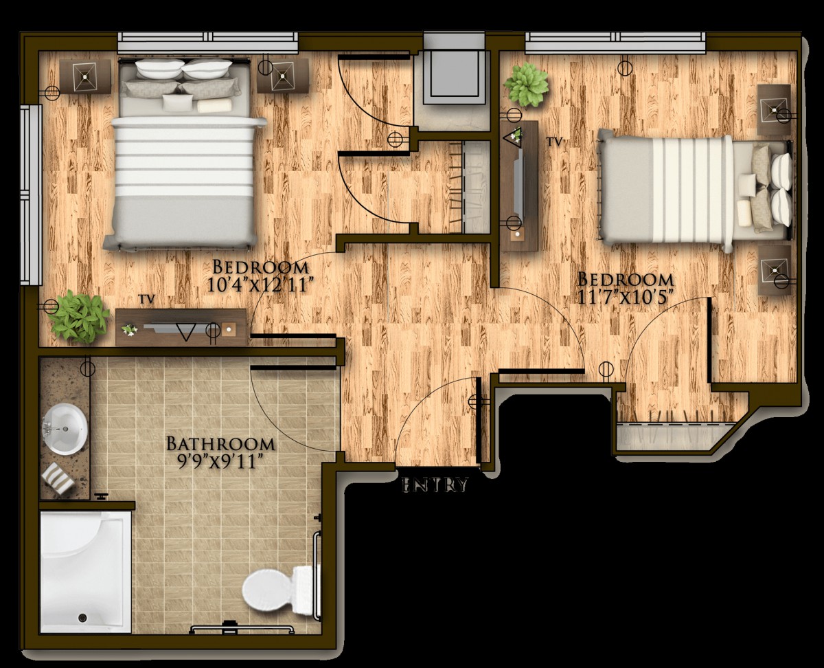 A detailed floor plan of an apartment showing two bedrooms and one bathroom.